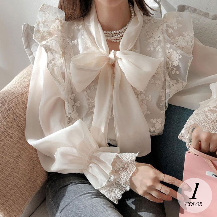 リボンカラー シフォン レース ブラウス レディース 春 秋 トップス リボン オシャレ きれいめ カジュアル 長袖 フリル レースブラウス 韓国ファッション