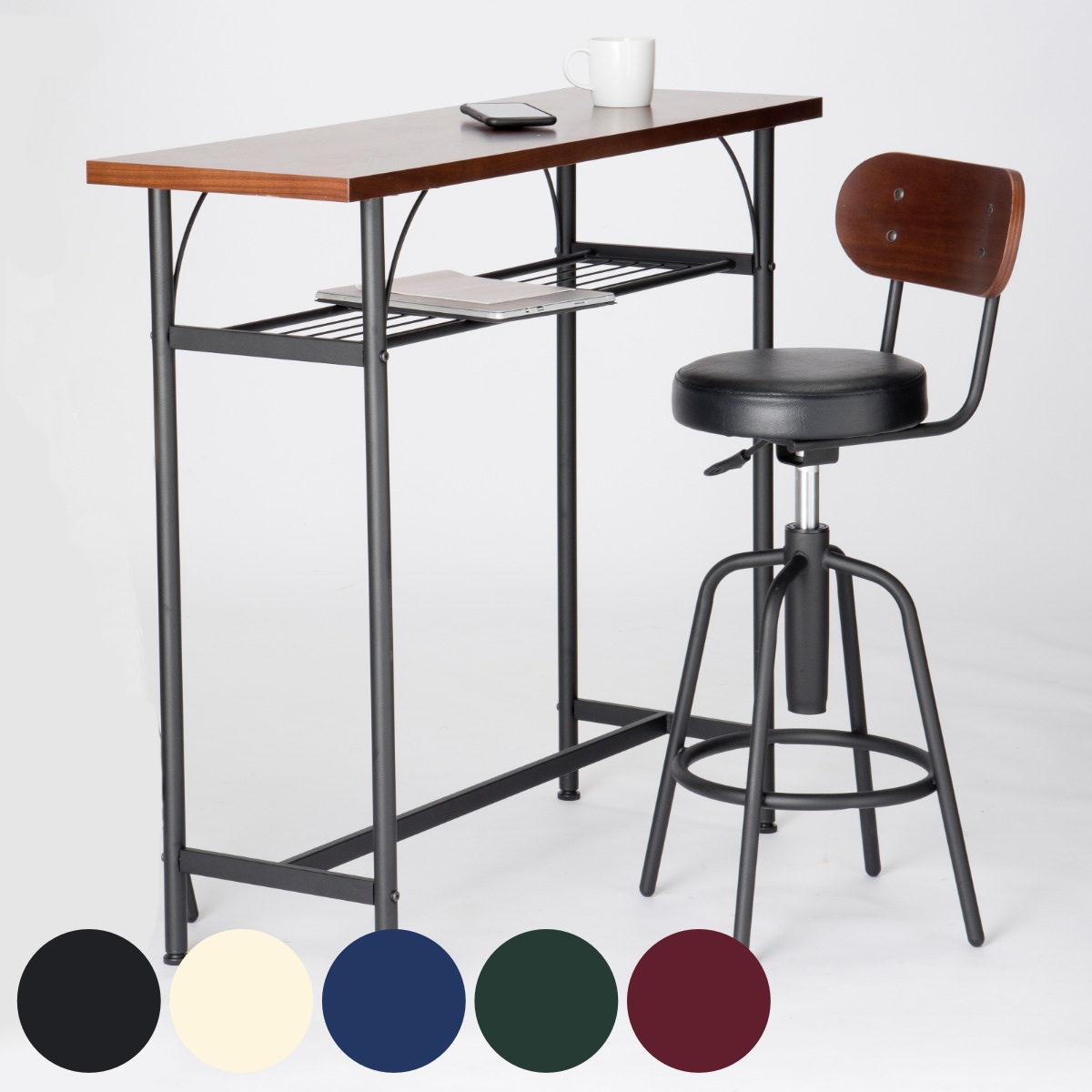 カウンターテーブルセット 2点セット 1人掛け 幅100cmテーブルx1 カウンターチェアx1 バーチェア セット テーブル 奥行 35cm スリム 椅子 回転 高さ調節 チェア 机 棚付き