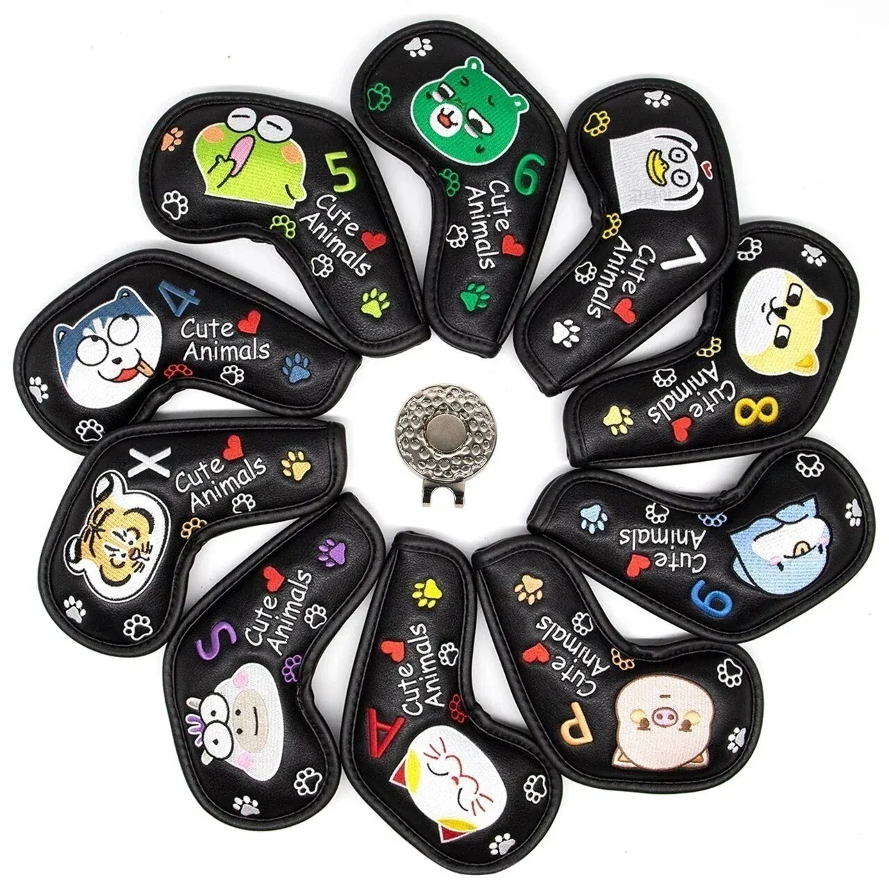 GOTAYA動物キャラクターアイアンカバーヘッドカバー+ゴルフボールマーカー(ブラック)