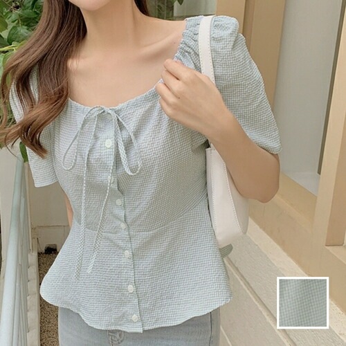 ブラウス シャツ 韓国 ファッション レディース 春 夏 カジュアル コーデ シンプル 定番 セレカジ 20代 30代 40代 2025 チェック デコルテ見せ リボン ペプラム
