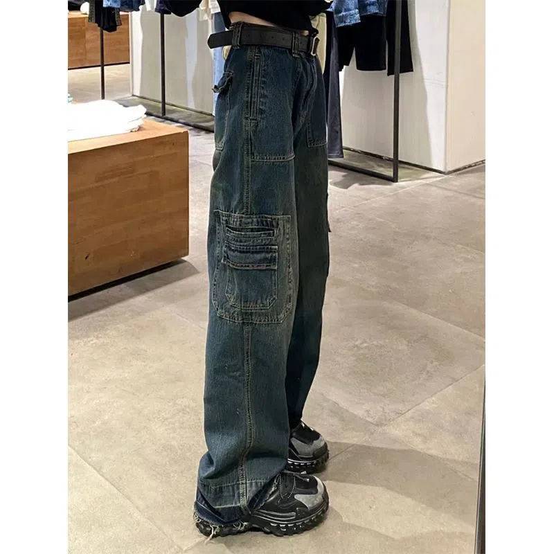 太いmm秋ハイウエストルーズストレート大きいサイズレトロウォッシュポケットジーンズレディーススリムワイドレッグカーゴパンツ