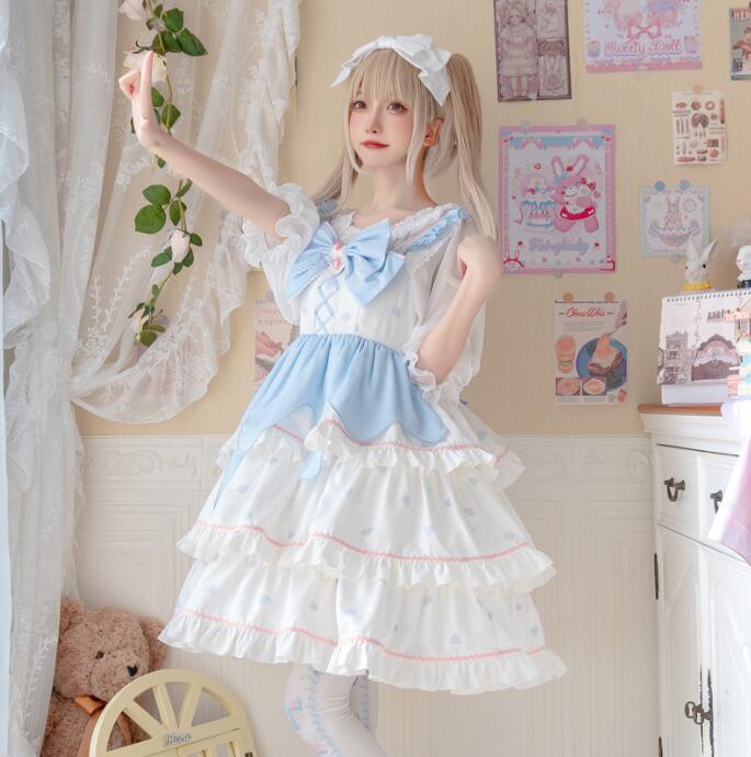ロリータワンピース 可愛い ロリータ キャミソール 膝丈 ティアードドレス ノースリーブ ロリータドレス 萌え萌え コスプレ衣装 学園祭 文化祭 イベント ハロウィン 発表会 コスチューム ブルー