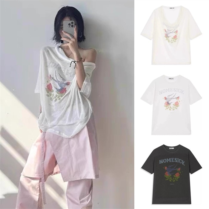 【OPEN Yy】 3色 ROSE & SWALLOW TEE : CHARCOAL WHITE【並行輸入品】