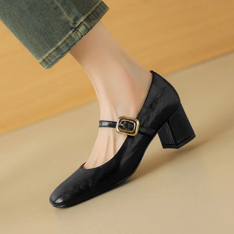 2024春新品スクエア靴 メアリージェーン靴の太さと靴の本革ローヒール パンプス