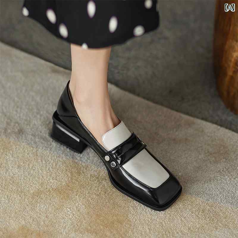 ローファー レディース オフィス 通勤 仕事 春秋 革 スクエアトゥ 太い ヒール 女性 スクエアトゥ ミディアム ヒール 小さい 革靴 女性 ソフト ソール 靴