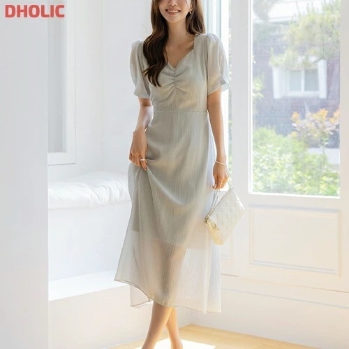 [メガ割りSALE]シフォンソフトギャザーハートネックバックストラップスリムワンピース