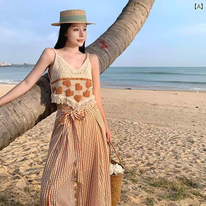 ワイドパンツ ワイドレッグ ロング ストライプ スカート風 キュロット モップパンツ オレンジライン 薄手 夏 レディース 涼感 リゾート カジュアル ビーチ 4,805円