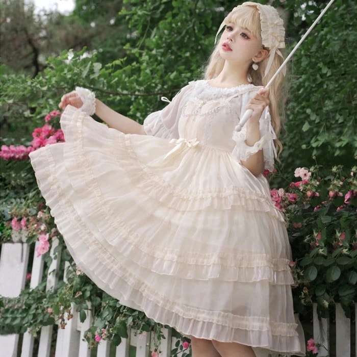 ロリータ ジャンパースカート ノースリーブ ワンピース ドレス 可愛い リボン フリル ふんわり 春夏 ゴシック ゴスロリ 甘ロリ クラロリ 姫ロリ ジャンスカ かわいい 高級感 レース