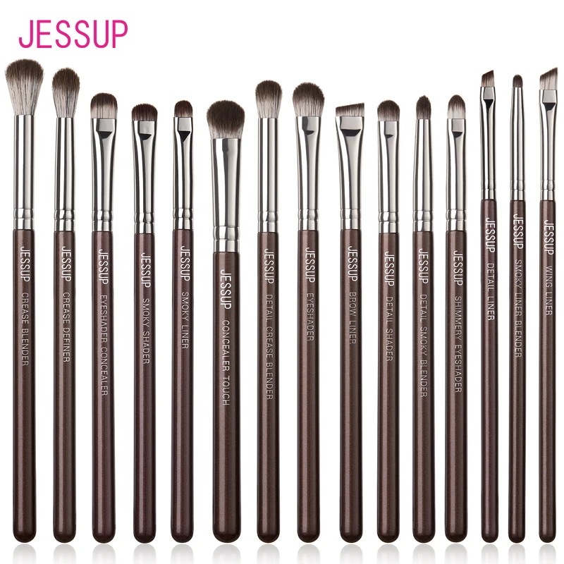 Jessup-プロのメイクブラシ,15個セット,茶色,アイシャドウ,コンシーラー,眉毛,ライナー,t499