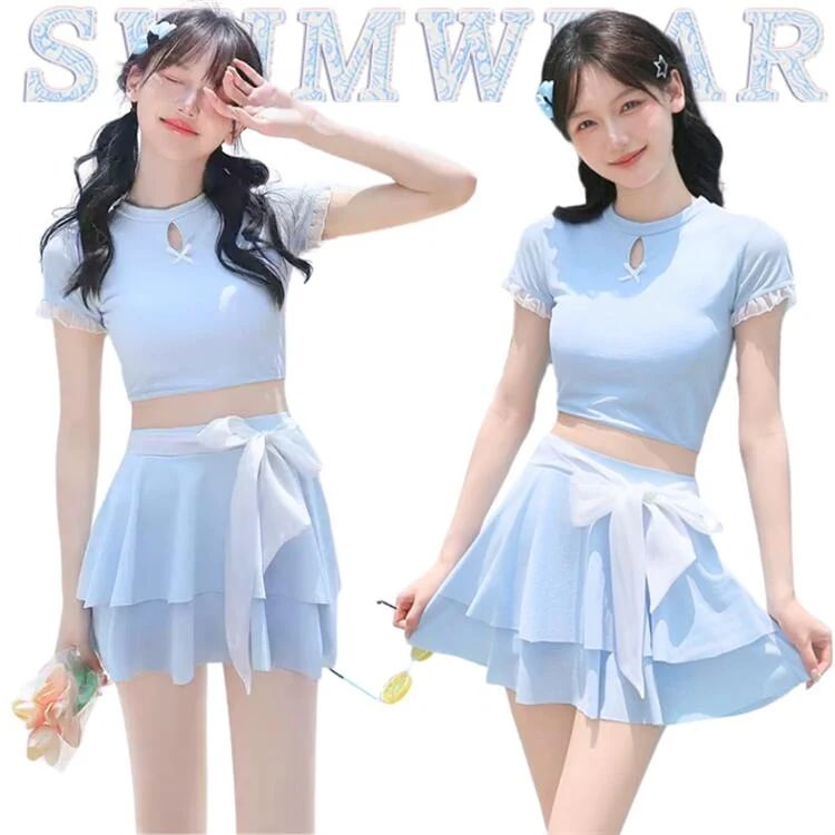 水色 水着 タンキニ 体型カバー スカート セパレート 2点セット 無地 韓国 水着 リボン飾り 可愛い 高校生 洋服見え 露出控え 水着 レディース かわいい パッド ワイヤレス 安全パンツ付 温泉