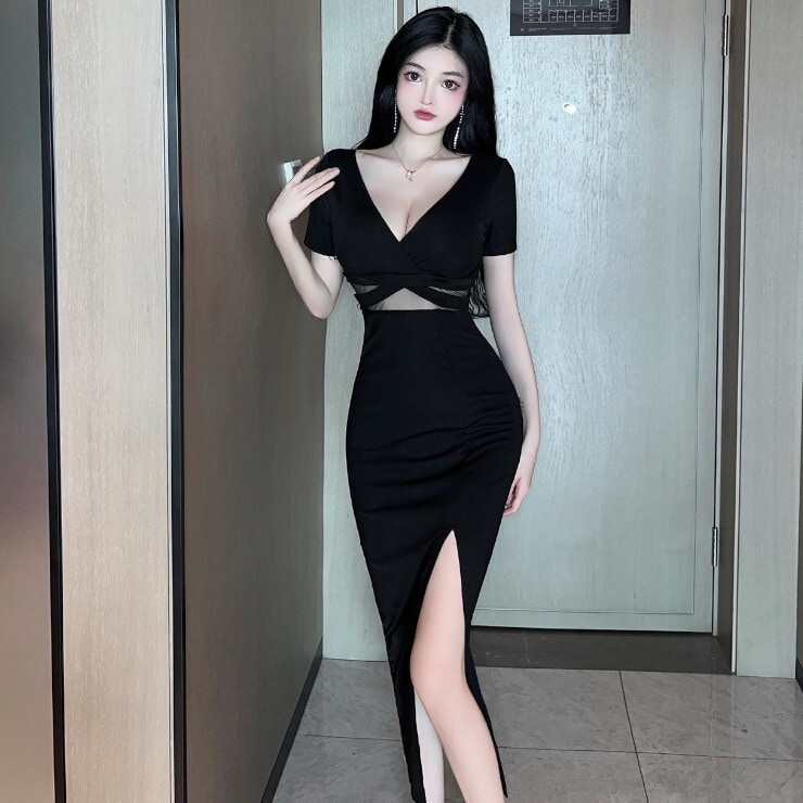 ドレス レディース ワンピース スカート プルオーバー タイトスカート ワンピドレス 膝下 ミディアム丈 半袖 襟なし Vネック オフショル オフショルダー スリム タイト 細身 スリット 5,112円