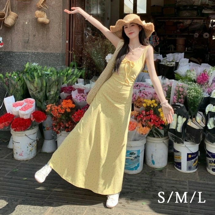 【大好評/期間限定】リゾートワンピース キャミソール 沖縄 大人 イエロー 可愛い 夏 ロングワンピース ハワイ リゾートワンピ ハワイアン 沖縄 体型カバー Aライン 春夏おうち マキシ丈 無地 お