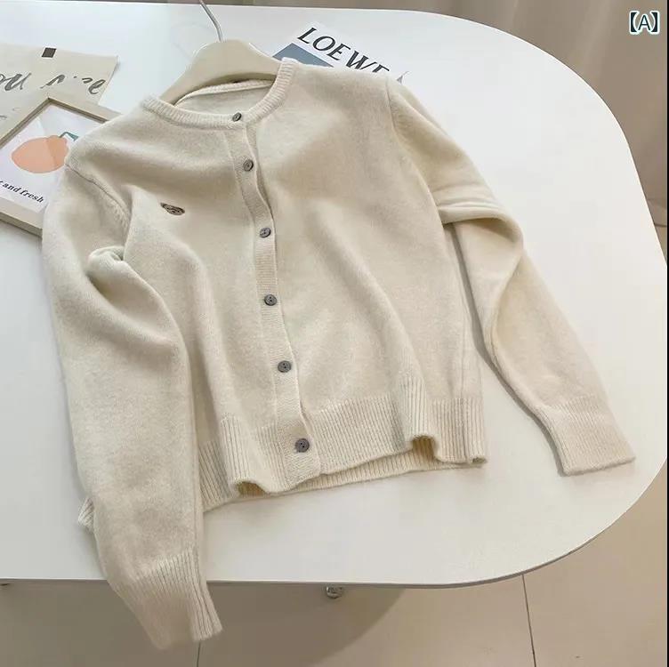 ニット レディース カーディガン おしゃれ カジュアル 秋冬 ショート セーター 韓国 ソフト クマ 刺繍 トップス ホワイト ピンク ブラック