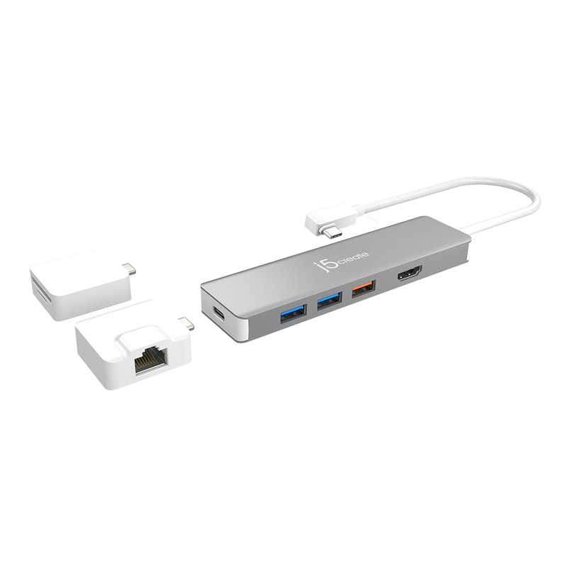 J5　[USB-C オスメス カードスロットx2/HDMI/LAN/USB-Ax3/USB-Cx2]変換アダプタ USB PD対応　JCD375 シルバｰ