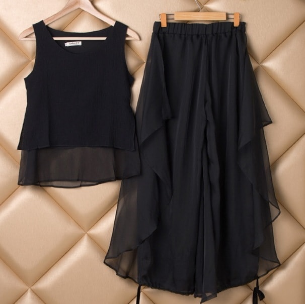 セットアップ プルオーバー パンツ ノースリーブ デザイン オーバーサイズ 美ライン ニュアンス シフォン 透け感 シースルー ドレープ 軽やか 2点セット ツーピース お得 2点セット ドラマチック