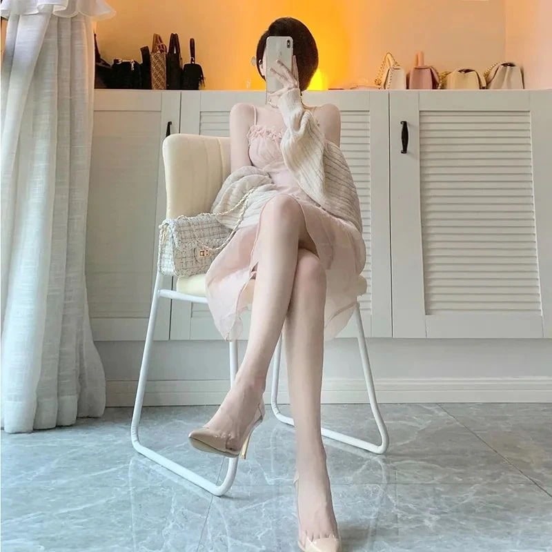 ワンピース 2枚セットフレンチミニ初恋スカートキャミソールワンピース+ニットカーディガン代 30代 大きいサイズ 韓国 韓国ファッション 水着 ビーチツアー ワンピース ベーシックニット カー