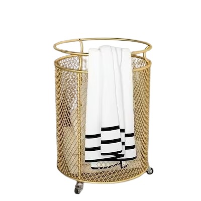 ゴールデンメタルローリングランドリーバスケット（ホイール付き）- 家庭用ポータブル汚れた衣類ハンパーダイヤモンドパターンデザイン簡単収納＆輸送洗濯バスケット棚バスケット