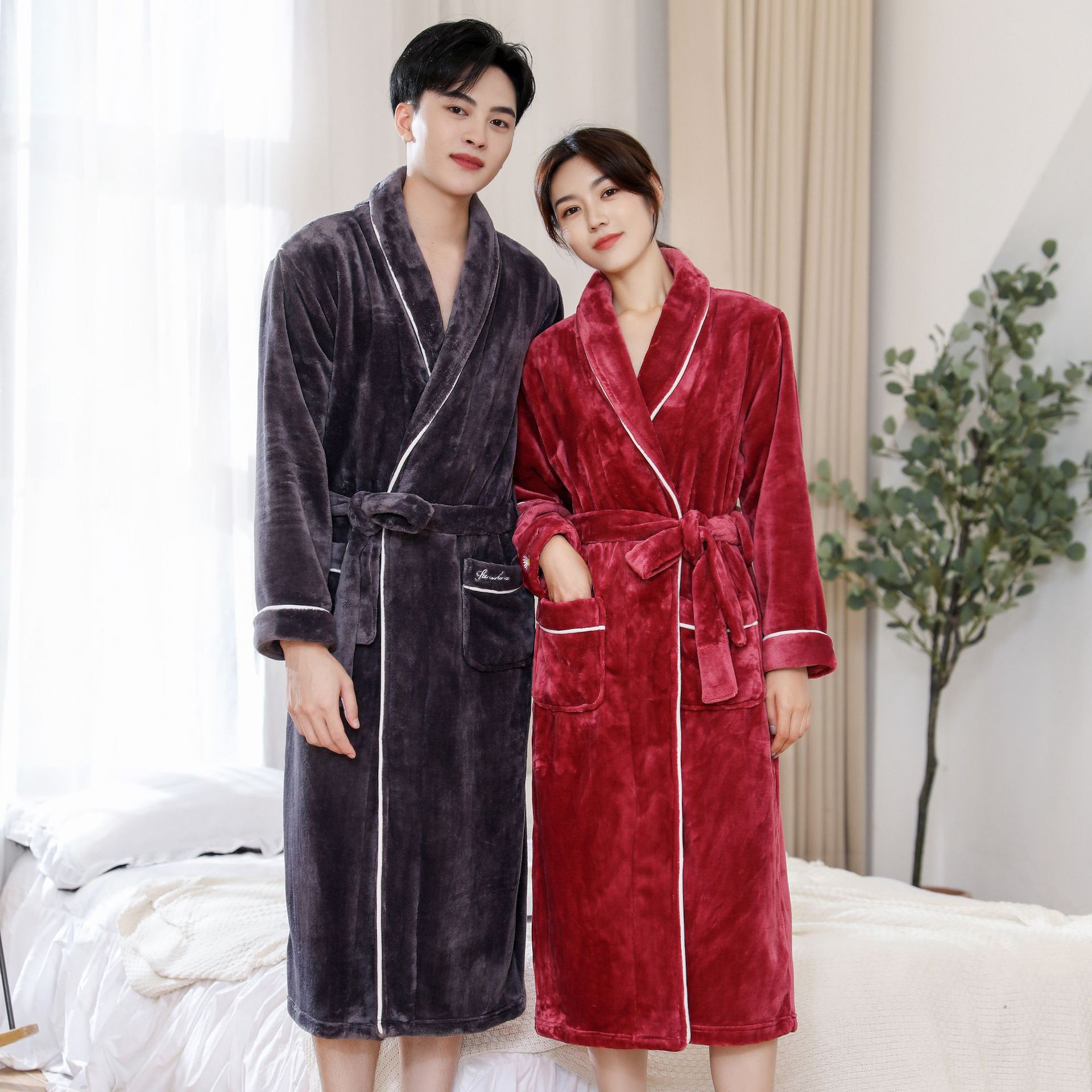 ルームウェア ガウン ロング丈 もこもこ 冬 長袖 6色 ペアパジャマ レディース ナイトガウン 着る毛布 前開き 寝巻き カップル 裏起毛 メンズ パジャマ 可愛い 部屋着 お揃いペア 結婚祝い ク