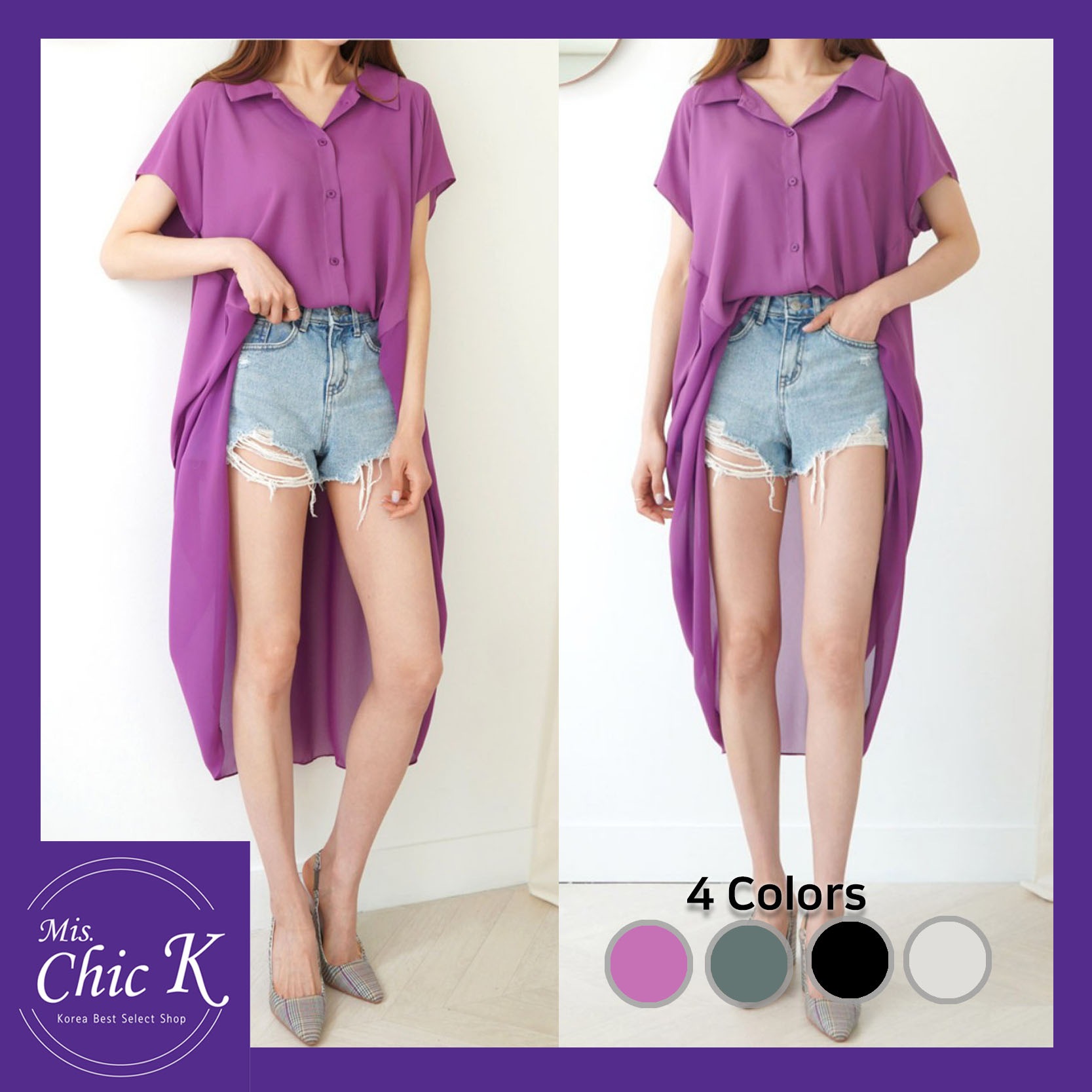 [K Fashion 2019 S/S] Short-sleeved Double Blouse / 半袖二重ロングブラウス -4 colors