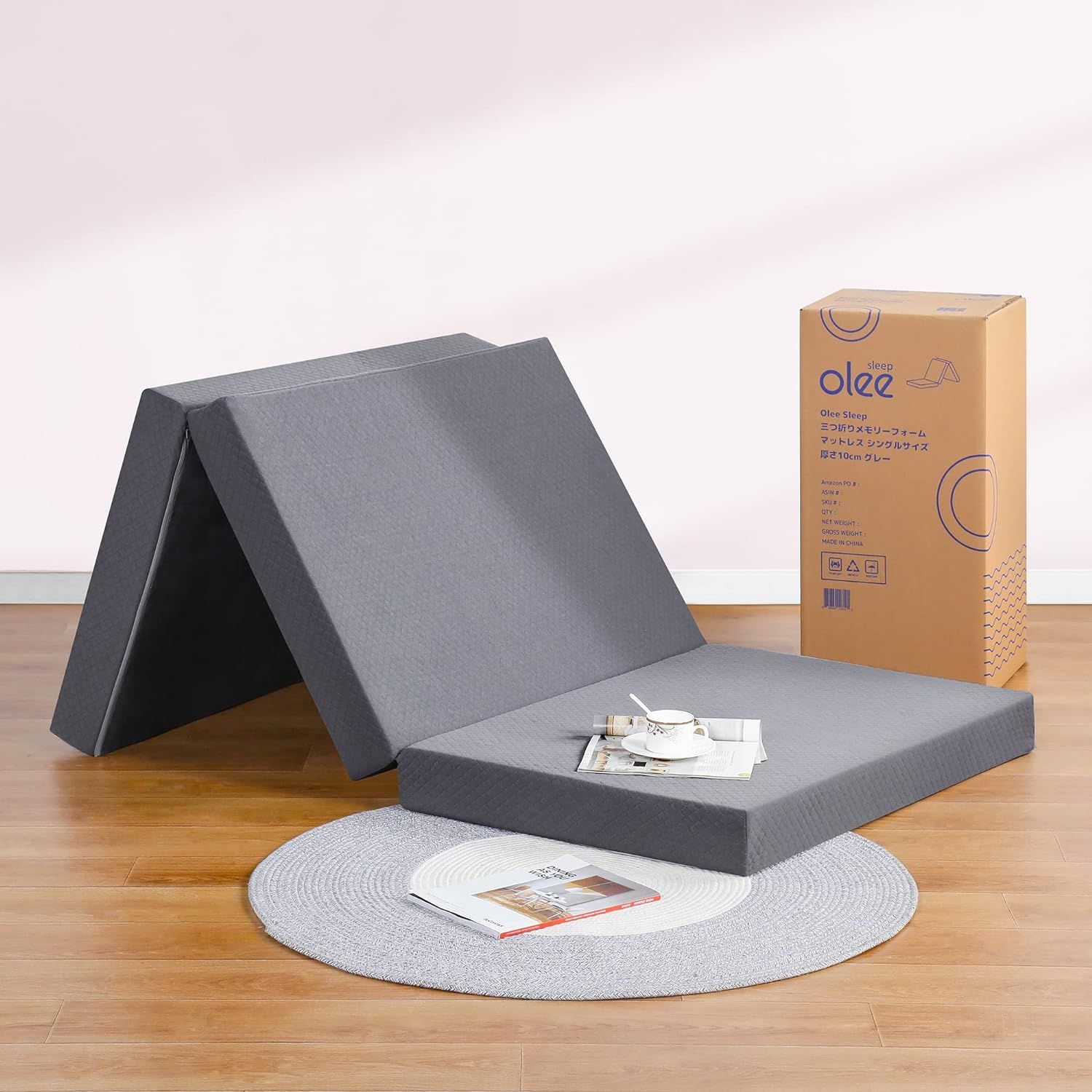 三つ折り シングル マットレス 厚さ10cm グレー メモリーフォーム 低反発 高反発 折りたたみ式 幅97cm × 奥行195cm【日本正規輸入品】