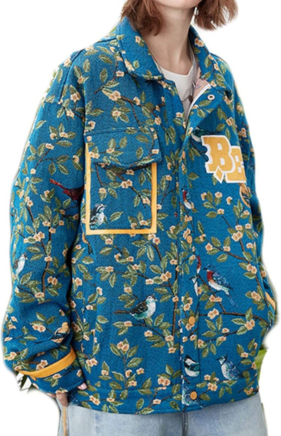 メンズ ブルゾン ジャンパー 花鳥柄 ストリート かっこいい ショート アウター ユニセックス 折り襟 春 秋 長袖 ジャケット スタジャン スタジアムジャンパー デイリー スポーツ バイク用 男性用