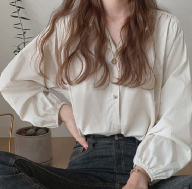 トップス デート かわいい 大人可愛い きれいめ シンプル カジュアル 大人 上品 おしゃれ お洒落 ノーカラー ブラウス 長袖 パフスリーブ 無地 ホワイト グレー 韓国 オフィス 学生 ２XL