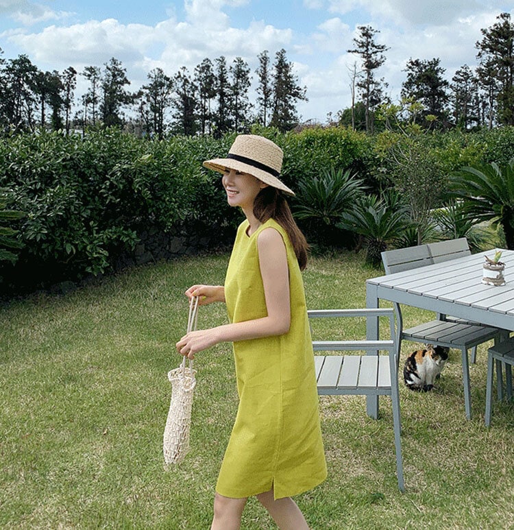 ノースリーブワンピース ワンピース ワンピドレス 膝丈 ひざ丈 膝上 袖なし ノースリーブ ラウンドネック Iライン 綿 麻 リネン かわいい 大人可愛い シンプル カジュアル 大人 おしゃれ お洒落