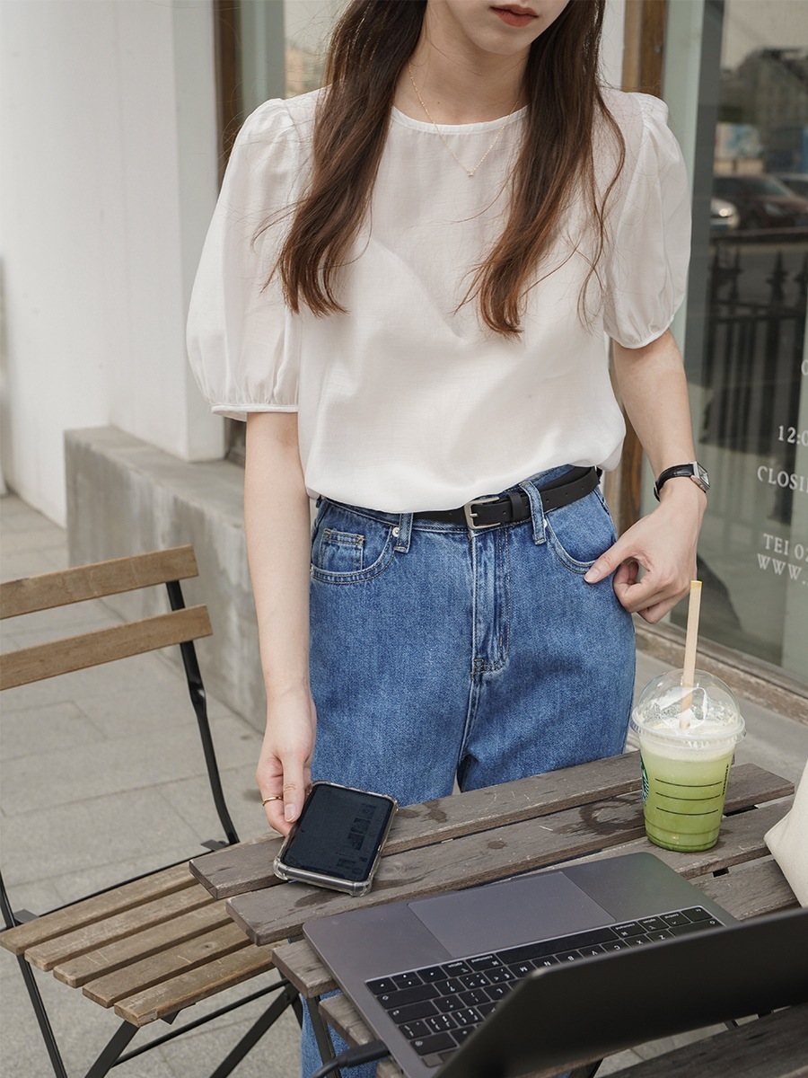 カットソー レディース 半袖 パフスリーブ クルーネック レトロ 透け感 かわいい 大人可愛い きれいめ シンプル カジュアル 無地 夏 ママ 学生 デート フリーサイズ ホワイト トップス