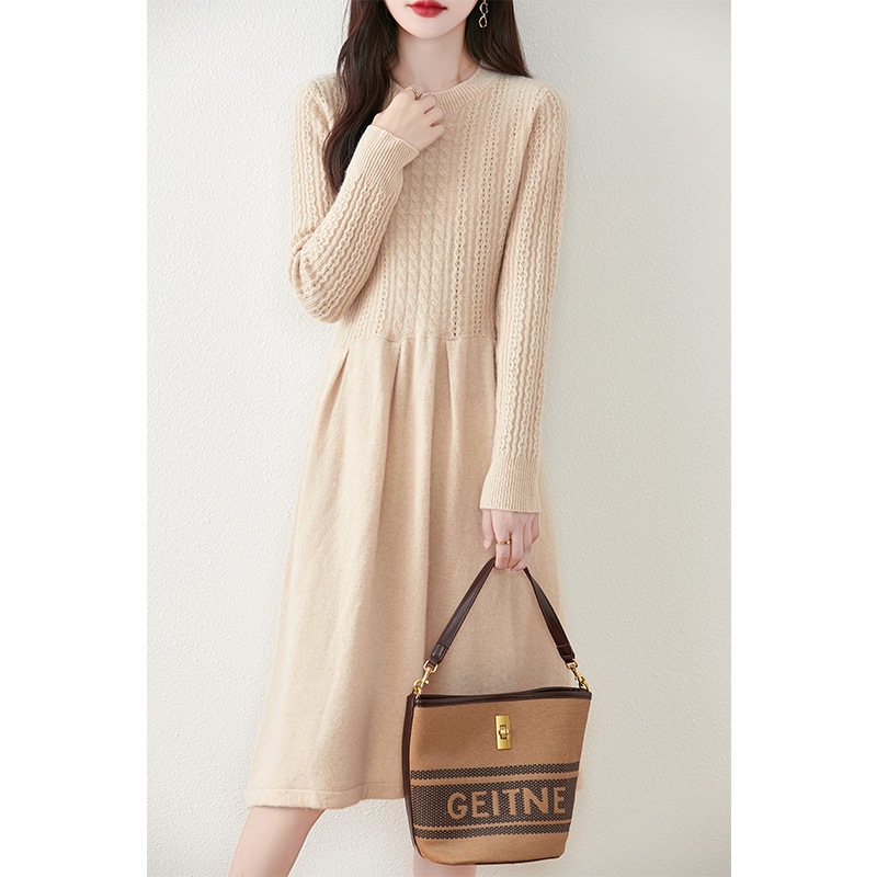 2024新作 ニットワンピ 長袖ロング マキシ丈ワンピラウンドネック100％ピュアウールニットワンピースレディース秋冬新作セータードレスミドル丈カシミヤ膝丈ボトムスカート
