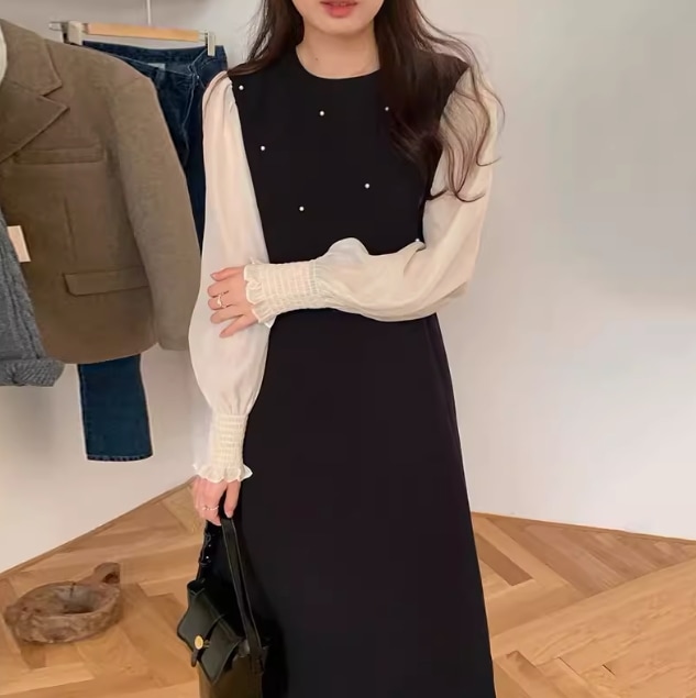 ワンピース レディース 膝下 ロング 長袖 ボリューム袖 パフスリーブ Uネック フレア ストレート 切り替え フェミニン バイカラー ポリエステル かわいい 大人可愛い シンプル 上品 おしゃれ