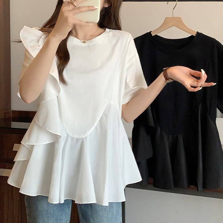 ペプラムシャツ 2color レディース 半袖 フリル 肩フリルシャツ ブラウス ス ラウンドネック 裾フレア シャツ Tシャツ 5,134円