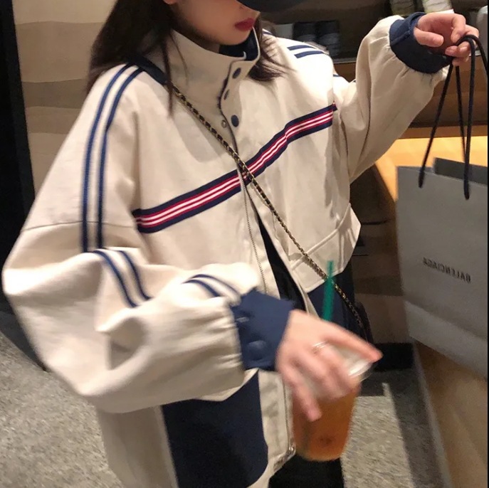 ライン デザイン ジャンパー ジャケット アプリコット 白 ホワイト アウター 袖あり 長袖