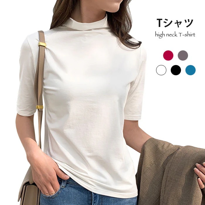 【新商品を厳選】【送 料 無 料】ハイネック レディース Tシャツ 半袖 薄手 無地 ストレッチ 伸縮性 ハイネックTシャツ 半袖Tシャツ トップス プルオーバー お洒落 カジュアル 大人 こなれ感