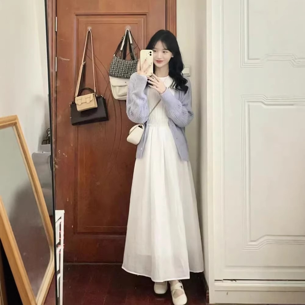 韓国風の文雅で優しいスタイルのスリット付きノースリーブワンピース＋レトロなオーバーアールのニットジャケット2点セット