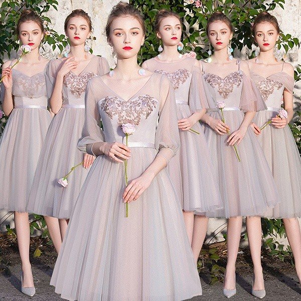 ブライズメイド ドレス 締め上げタイプ 6タイプ Vネック 袖付き グレー ミモレ丈 ドレス 大人小さいサイズ XS 結婚式 パーティードレス 花嫁 コンサート 演奏会