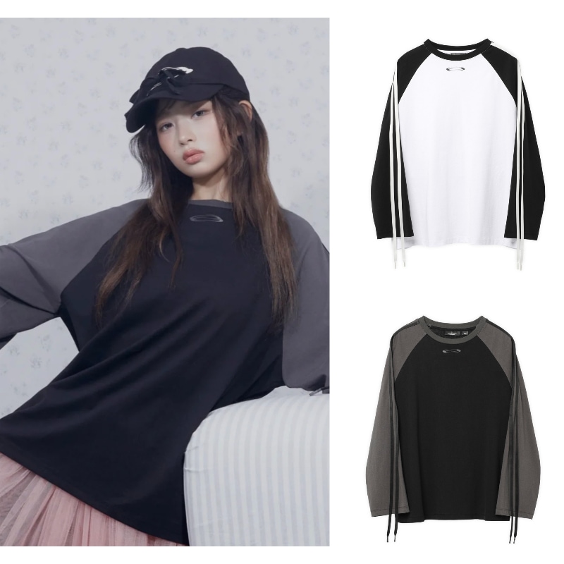 【IVEレイ着用】W ribbon tape raglan sleeves Tシャツ　オーバーサイズTシャツ