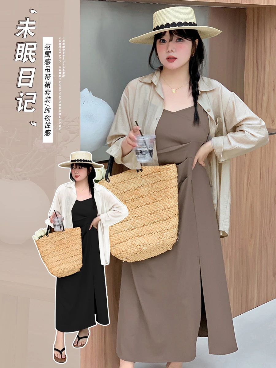 【ぽちゃまに】 夏新品 上下セット 大きいサイズ フランス風 シャツ＋キャミワンピース 体型カバー セットアップ