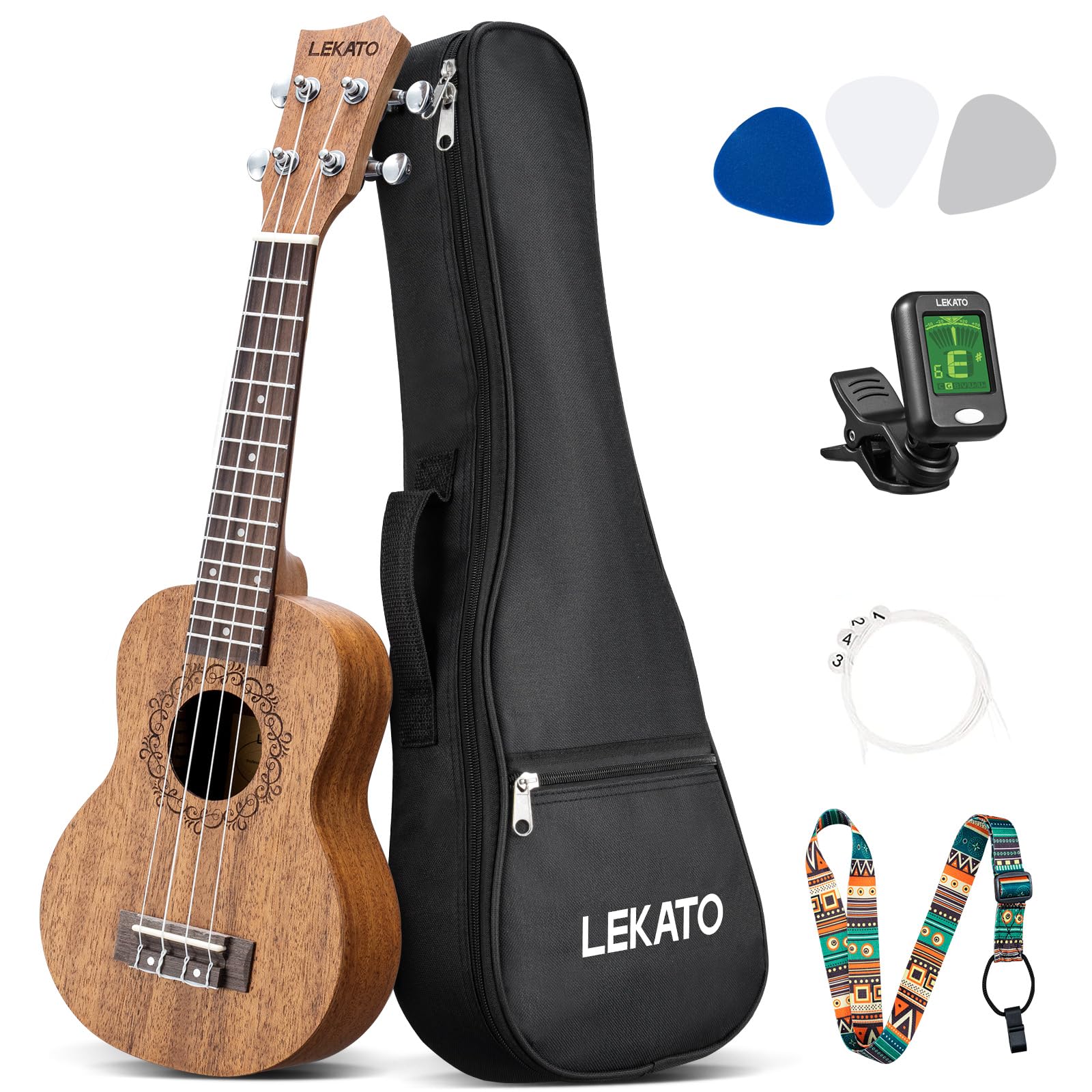 ソプラノウクレレ 21インチ LEKATO 初心者用 スターターキット サペリ プロフェッショナル ハワイアン ギター ウクレレ 大人 子供用 ギグバッグ/ストラップ/弦/ピック/デジタルチューナー付｜詳細画像
