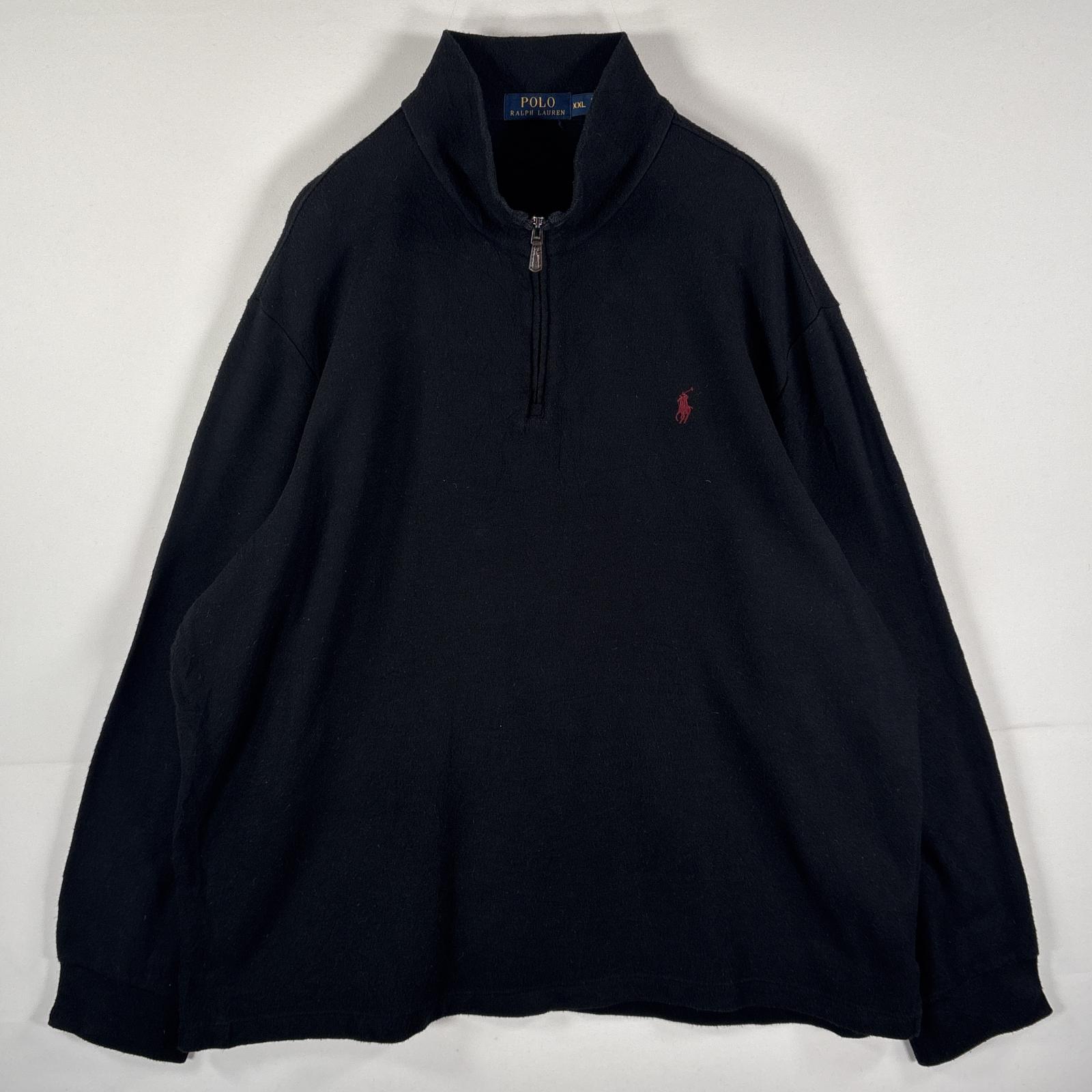 古着 スウェット ハーフジップ 薄手 ワンポイントロゴ刺繍 ビッグサイズ XXL ブラック メンズ