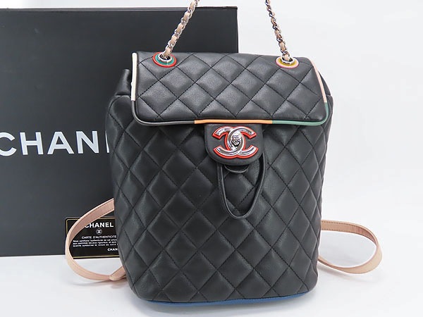 レア美品シャネルマトラッセココマークリュックサックバックパックブラックマルチカラーシルバー金具ラムスキンA93729