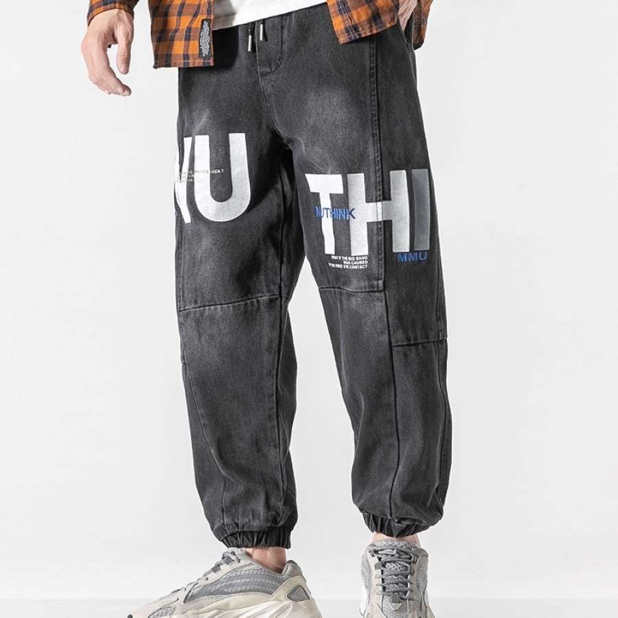 韓国ファッション メンズ デニムパンツ Gパン ジーンズ 裾絞り ステッチ ロゴ 高校生 中学生 10代 20代 ファッション 11299