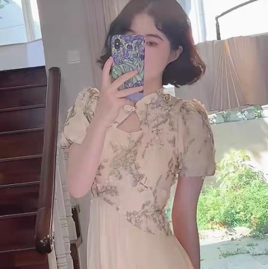 ワンピース 発表会 ステージ ロング 半袖 パフスリーブ スタンドカラー タイト スリム フレア Aライン カジュアル チャイナドレス ウエストマーク 切り替えデザイン ドッキング ハイウエスト