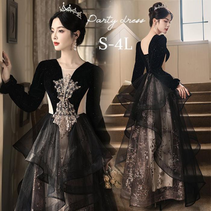 初回限定ドレス 大人 ピアノ 発表会 ロング丈 ぽっちゃり 大きいサイズ イブニングドレス 演奏会 ピアノ発表会 袖付き ワンピース Aライン ステージドレス 二次会 女子会 成人式 パーティードレス