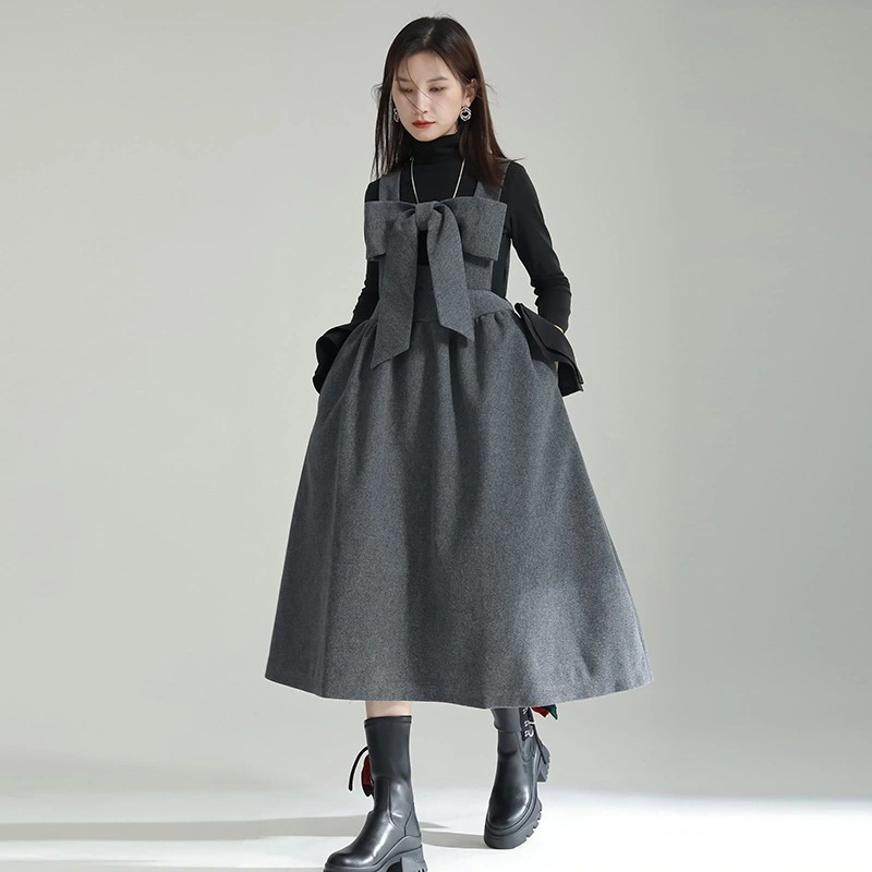 パーティードレス2025新商品25%割引 秋冬 ラシャ ワンピース ゆったり 着痩せ 蝶結び サロペットスカート ワンヒース レディース ドレス 気質 百掛け保温