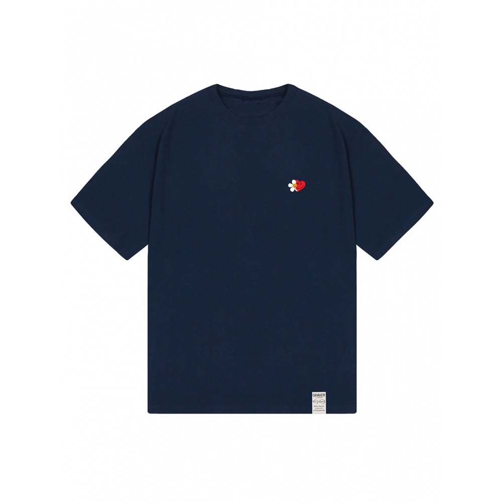 GRAVER フラワーハートハーフスマイルショートスリーブTシャツネイビー