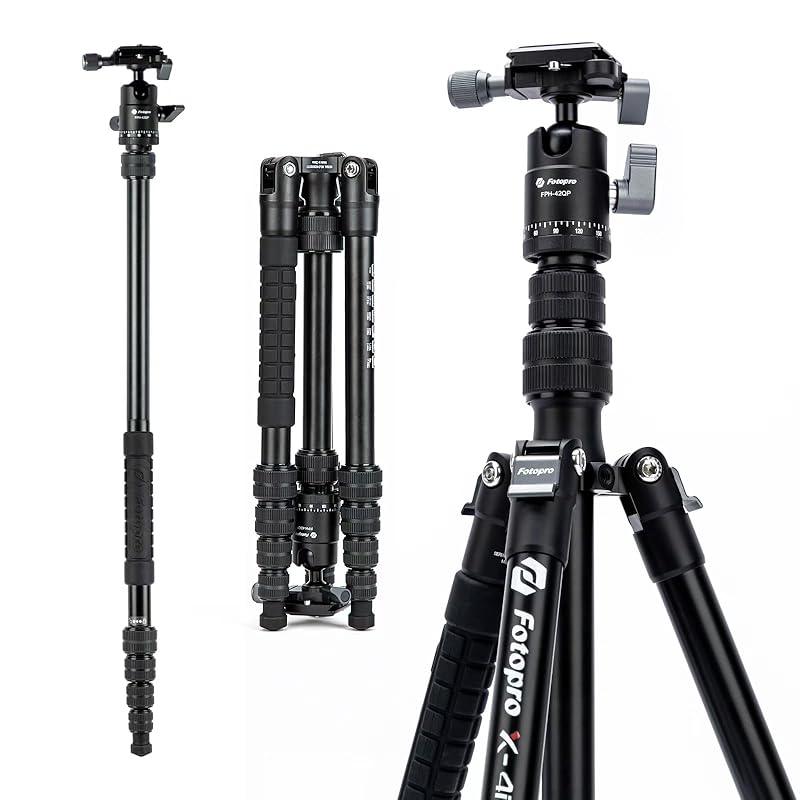 【国内即発】Fotopro 152cmカメラ三脚架 ダブルパノラマボールヘッド付き 軽量1.16KG 最大荷重8KG プロフェッショナルモノポッド 旅行用三脚架 DSLRカメラ X-4i PRO ブラ