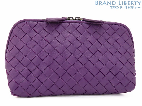 未使用ボッテガヴェネタイントレチャートポーチ小物入れコスメケース化粧入れパープルラムレザー132534