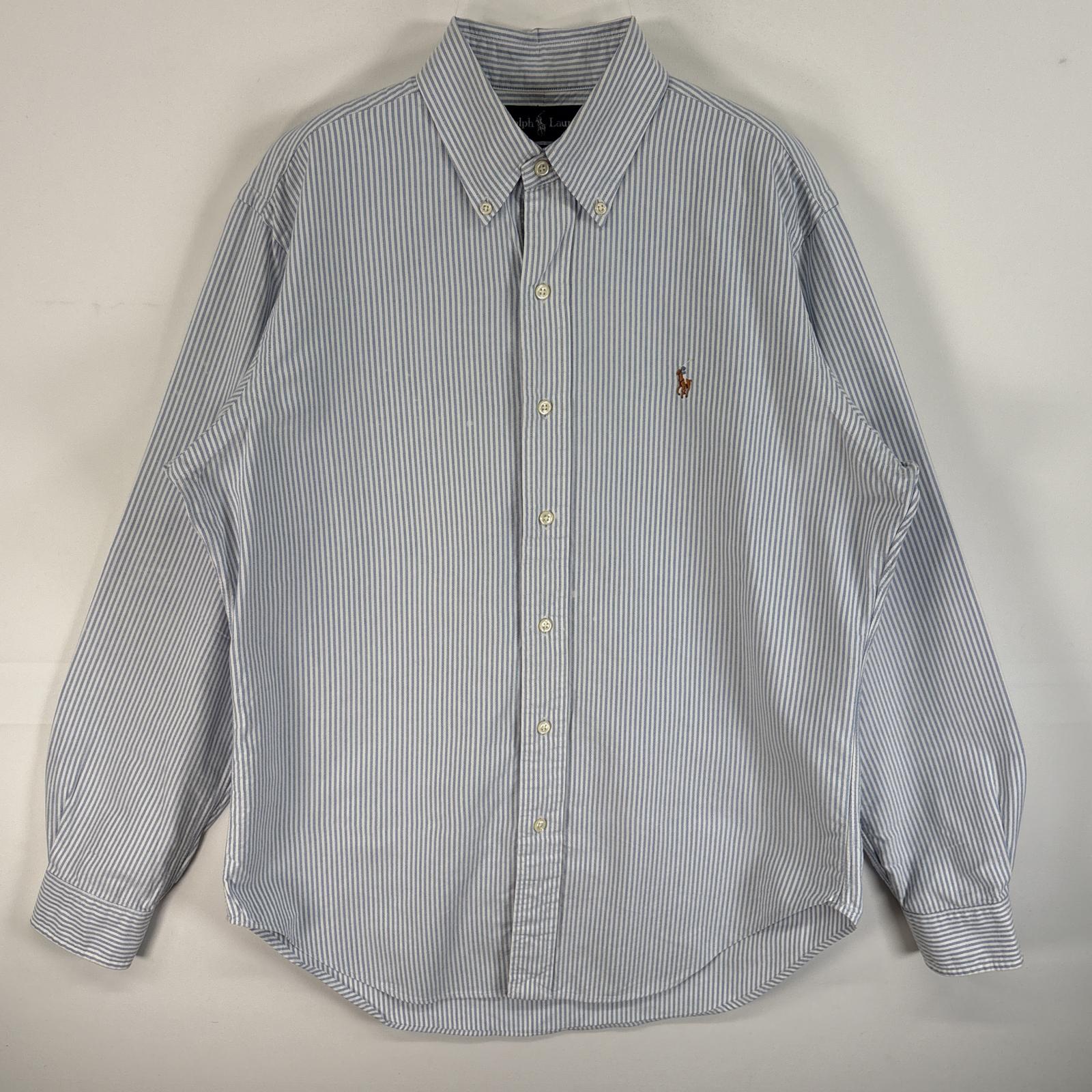 古着 90s/90年代 長袖シャツ ロゴ 刺繍 ボタンダウンシャツ CLASSIC FIT 水色系 ストライプ メンズ