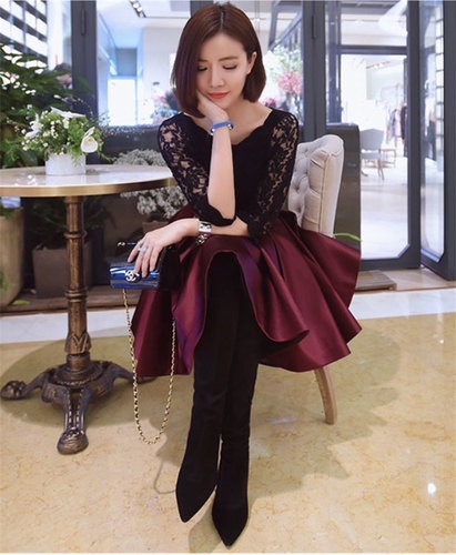 1477.レースシースルー袖フレアドレス（ワインレッド） パーティー 二次会 結婚式 お呼ばれ 2019 春夏 sale