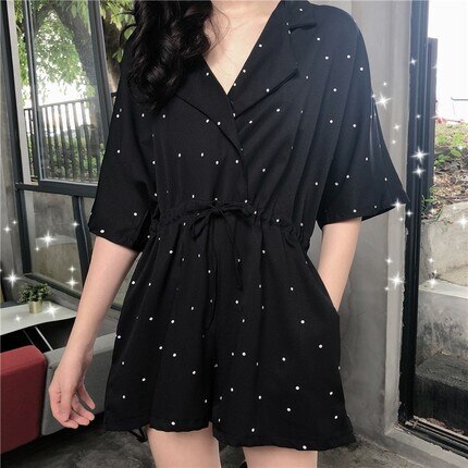 半袖ジャンプスーツ レディース トップス シャツ ブラウス ミニ丈 ショート丈 膝上 袖あり 半袖 5分袖 キャンディスリーブ 襟付き スタンドカラー ウエストマーク 薄手 かわいい 大人可愛い シン